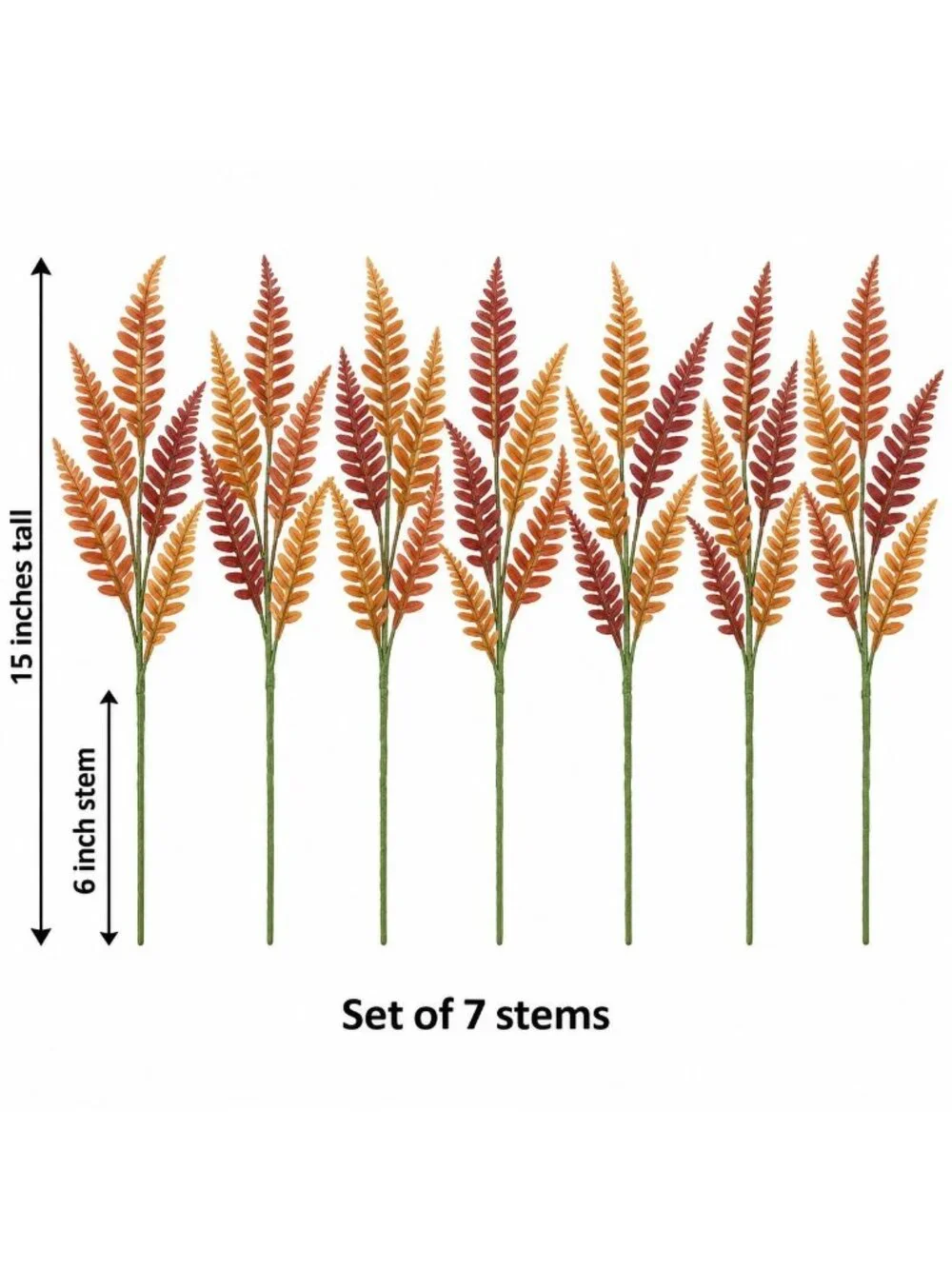 Artificial Fall Fern Stems Set of 7, Faux Orange Rust Brown Fern Picks, 15 Inch